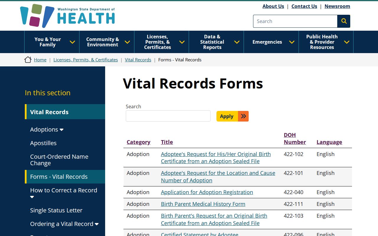 Washington Department of Health vital records forms for Kitsap County events