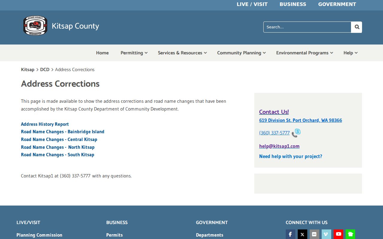 Kitsap County street directory address correction guidance